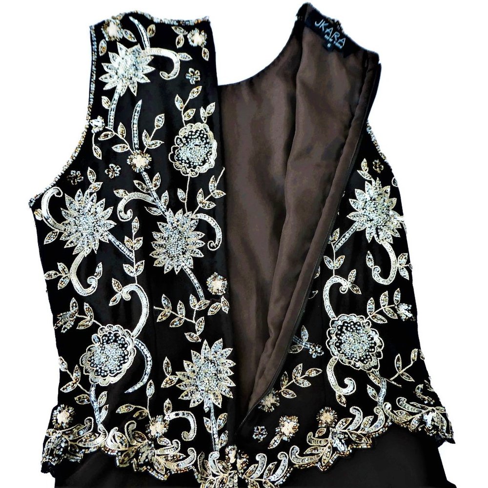 Evening Beaded Gown Brown Maxi Sleeveless JKara Sequin Silver Gold Flowy India 6 - Picture 6 of 10